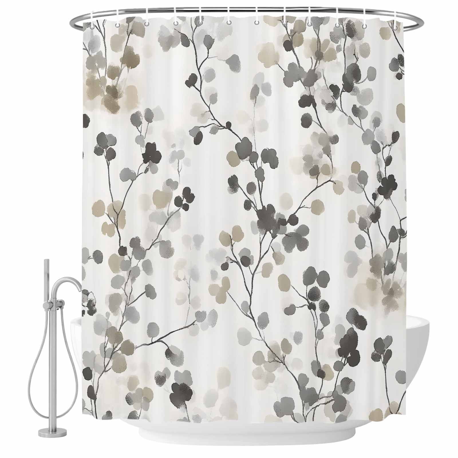 Shower Curtain Bathroom Set Gray Brown Botanical Watercolor Waterproof Fabric Shower Curtains with Grommets&Hooks, Retro Country Floral Leaves Privacy Bath Curtain for Bathtub 72x72in