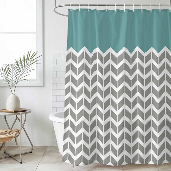 Shower Curtain Bathroom Set Grey Zigzag Ripple on Teal Waterproof Fabric Shower Curtains with Grommets&Hooks, Abstract Chevron Stripes Privacy Bath Curtain for Bathtub 60x72in
