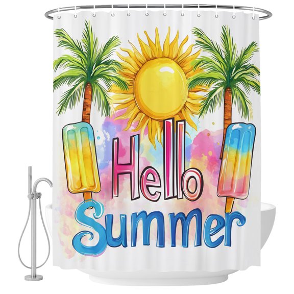 Shower Curtain Bathroom Set Hello Summer Text Sun Palm Tree Waterproof Fabric Shower Curtains with Grommets&Hooks, Colorful Ocean Seaside Theme Privacy Bath Curtain for Bathtub 36x72in