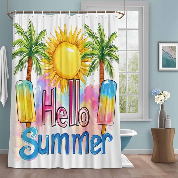 Shower Curtain Bathroom Set Hello Summer Text Sun Palm Tree Waterproof Fabric Shower Curtains with Grommets&Hooks, Colorful Ocean Seaside Theme Privacy Bath Curtain for Bathtub 72x84in