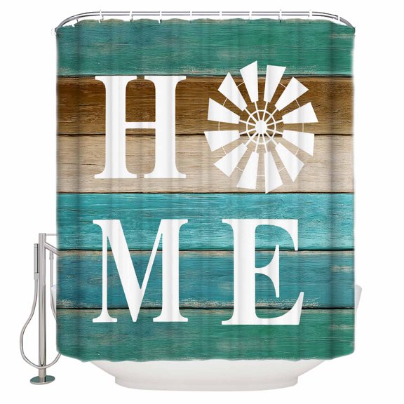 Shower Curtain Bathroom Set Home Windmill Farmhouse Wooden Waterproof Fabric Shower Curtains with Grommets&Hooks Farm Teal Wood Board Privacy Bath Curtain for Bathtub 72x84in