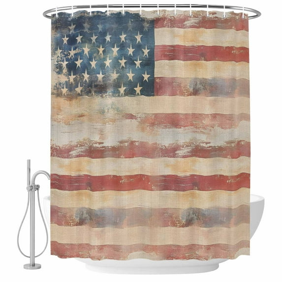 Shower Curtain Bathroom Set Independence Day American Flag Waterproof Fabric Shower Curtains with Grommets&Hooks, Vintage Shabby Wooden Privacy Bath Curtain for Bathtub 72x72in
