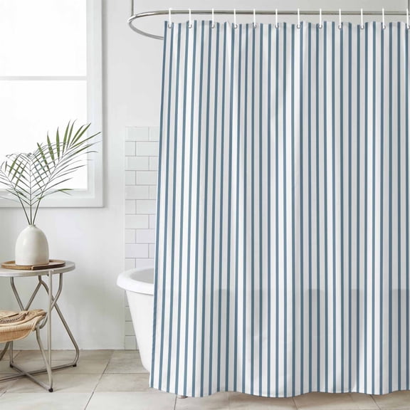 Shower Curtain Bathroom Set Light Blue White Pinstriped Waterproof Fabric Shower Curtains with Grommets&Hooks, Classic Geometric Striped Privacy Bath Curtain for Bathtub 60x72in