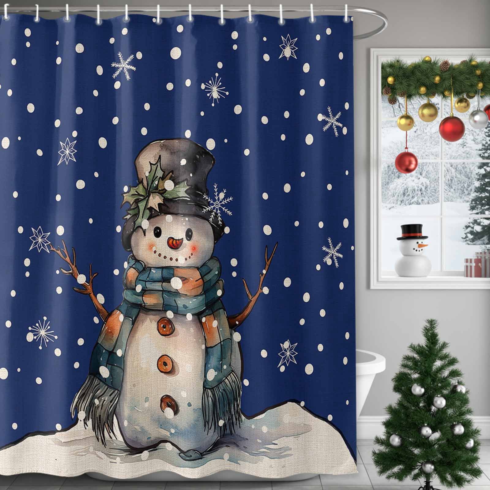 Shower Curtain Bathroom Set Merry Christmas Snowman Winter Snow Waterproof Fabric Shower Curtains with Grommets&Hooks Vintage Linen Navy Blue Privacy Bath Curtain for Bathtub 72x72in