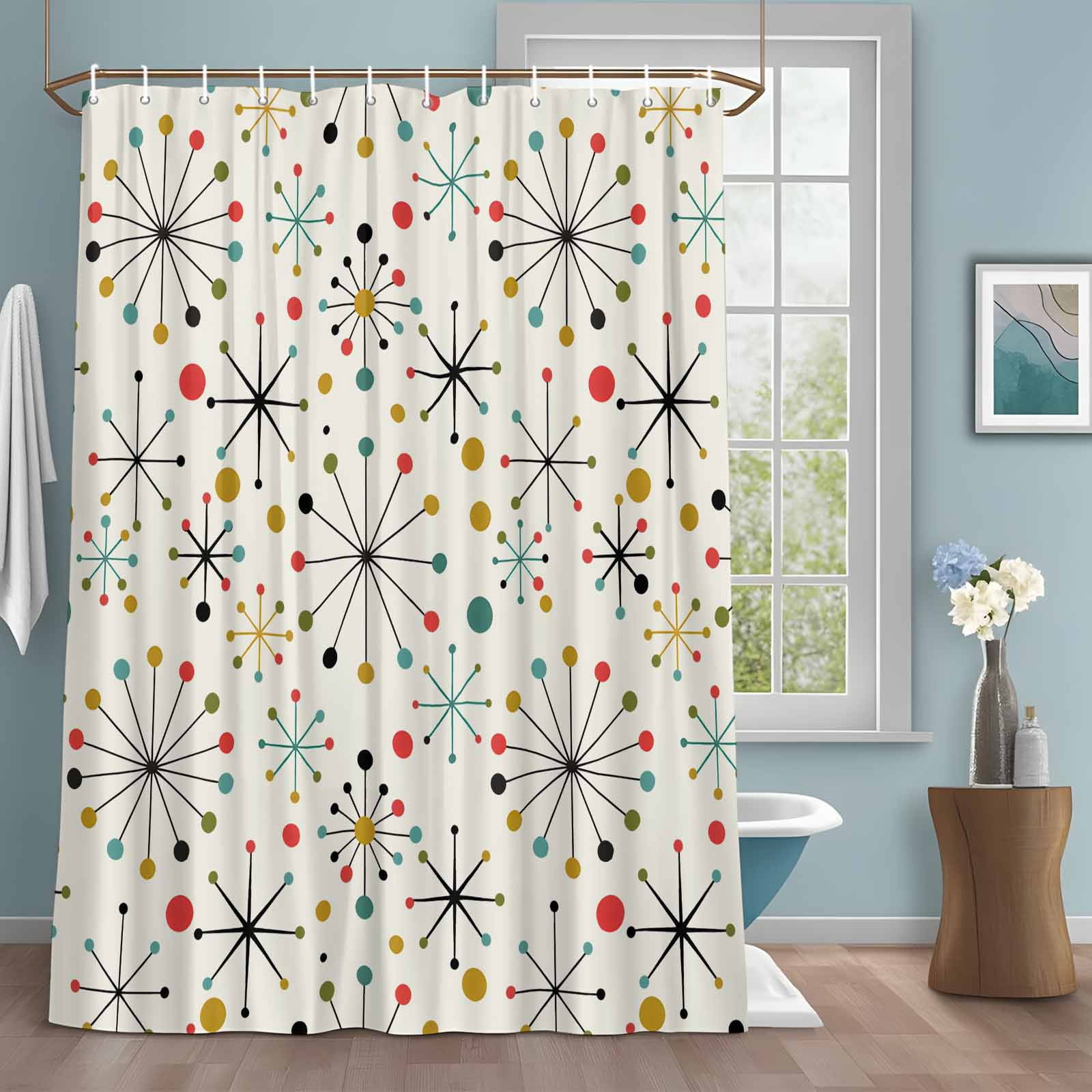 Shower Curtain Bathroom Set Mid Century Abstract Geometric Waterproof Fabric Shower Curtains with Grommets&Hooks, Modern Colorful Atomic Privacy Bath Curtain for Bathtub 72x84in