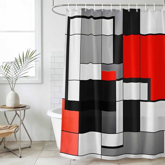 Shower Curtain Bathroom Set Mid Century Red Gray Color Block Waterproof Fabric Shower Curtains with Grommets&Hooks, Geometric Abstract Art Privacy Bath Curtain for Bathtub 60x72in