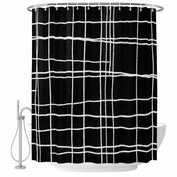Shower Curtain Bathroom Set Minimalist Grid Lines Waterproof Fabric Shower Curtains with Grommets&Hooks, Window Pane on Black Background Privacy Bath Curtain for Bathtub 36x72in