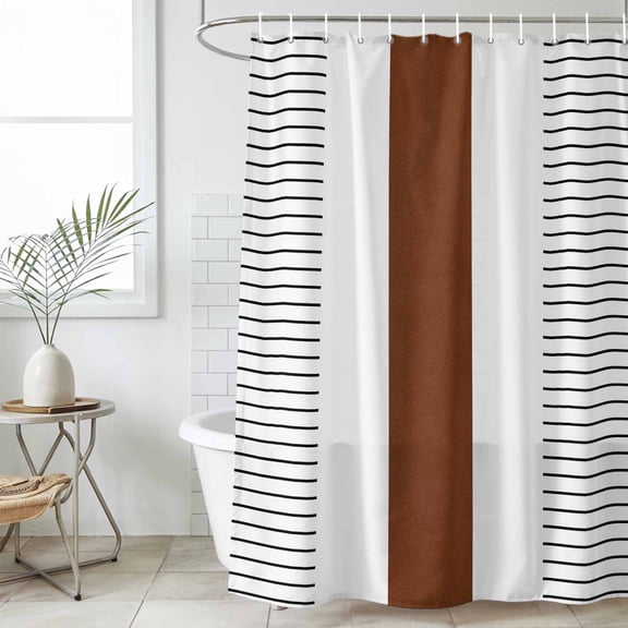 Shower Curtain Bathroom Set Minimalist Rustic Boho Ethnic Art Waterproof Fabric Shower Curtains with Grommets&Hooks, Modern Brown Stripe on White Privacy Bath Curtain for Bathtub 60x72in