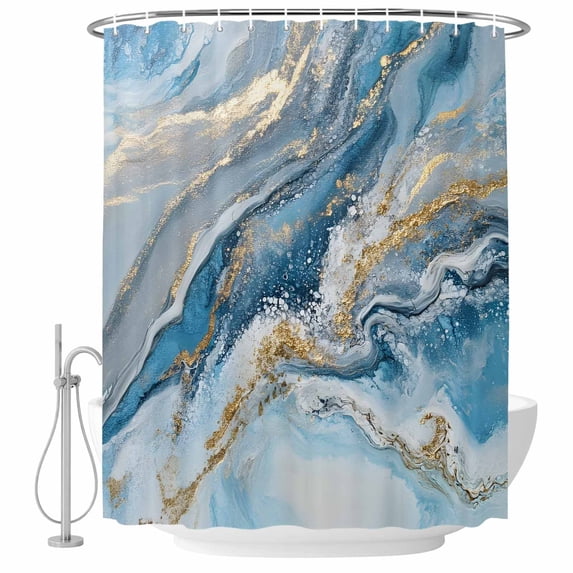 Shower Curtain Bathroom Set Modern Blue Gold Marble Texture Waterproof Fabric Shower Curtains with Grommets&Hooks, Gradient Marble Stone Art Privacy Bath Curtain for Bathtub 36x72in