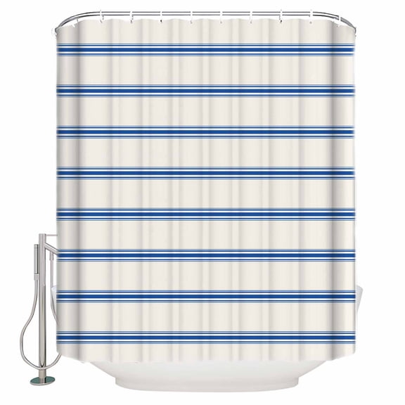 Shower Curtain Bathroom Set Modern Geometric Blue Stripe Waterproof Fabric Shower Curtains with Grommets&Hooks Minimalist Art Line on Beige Privacy Bath Curtain for Bathtub 60x72in