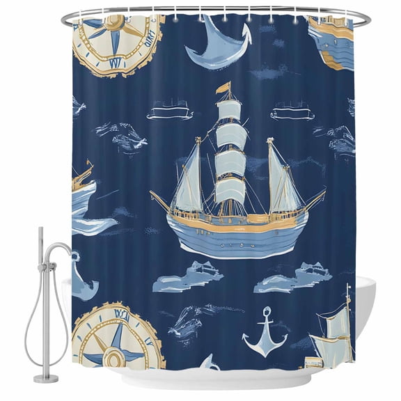 Shower Curtain Bathroom Set Modern Marine Sailing Boat Clock Waterproof Fabric Shower Curtains with Grommets&Hooks, Nautical Anchor Navy Blue Privacy Bath Curtain for Bathtub 36x72in