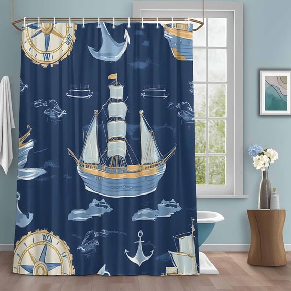 Shower Curtain Bathroom Set Modern Marine Sailing Boat Clock Waterproof Fabric Shower Curtains with Grommets&Hooks, Nautical Anchor Navy Blue Privacy Bath Curtain for Bathtub 72x84in