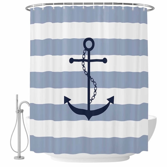 Shower Curtain Bathroom Set Nautical Anchor Horizontal Stripe Waterproof Fabric Shower Curtains with Grommets&Hooks, Coastal Privacy Bath Curtain for Bathtub 36x72in
