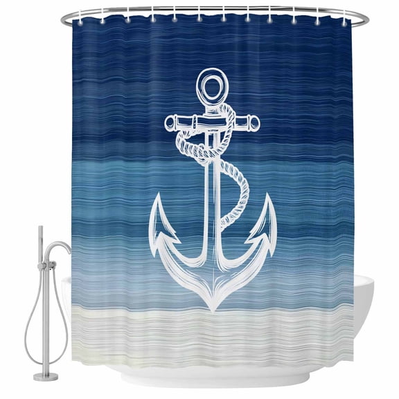 Shower Curtain Bathroom Set Nautical Anchor Navy Blue Gradient Waterproof Fabric Shower Curtains with Grommets&Hooks, Summer Coastal Nautical Theme Privacy Bath Curtain for Bathtub 72x72in