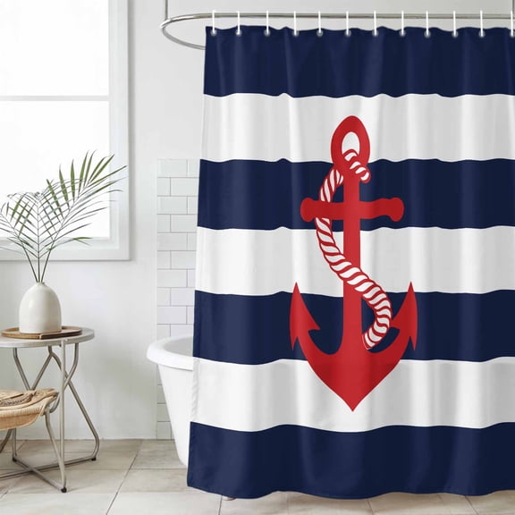 Shower Curtain Bathroom Set Nautical Anchor Navy Blue Waterproof Fabric Shower Curtains with Grommets&Hooks, Summer Ocean Coastal Style Privacy Bath Curtain for Bathtub 60x72in