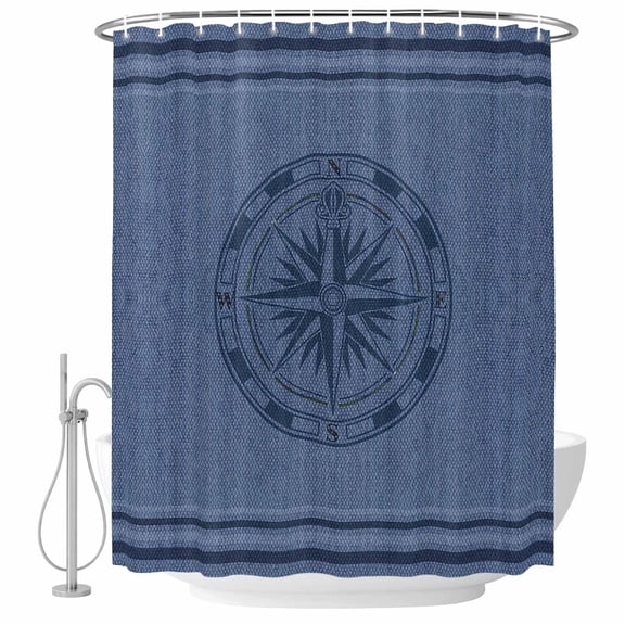 Shower Curtain Bathroom Set Nautical Marine Compass Texture Waterproof Fabric Shower Curtains with Grommets&Hooks, Stripe Line on Jean Blue Privacy Bath Curtain for Bathtub 36x72in