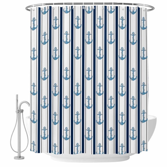Shower Curtain Bathroom Set Nautical Marine Seamless Anchor Waterproof Fabric Shower Curtains with Grommets&Hooks, Blue Stripe on White Privacy Bath Curtain for Bathtub 72x72in