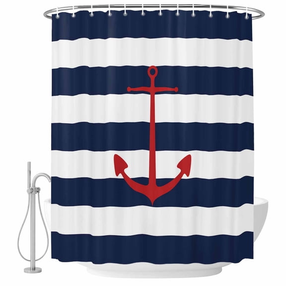 Shower Curtain Bathroom Set Nautical Retro Red Anchor on Stripes Waterproof Fabric Shower Curtains with Grommets&Hooks, Navy Blue and White Privacy Bath Curtain for Bathtub 36x72in