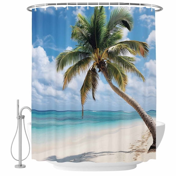 Shower Curtain Bathroom Set Ocean Beach Coconut Tree Waterproof Fabric Shower Curtains with Grommets&Hooks, Summer Vacation Blue Sky Privacy Bath Curtain for Bathtub 36x72in