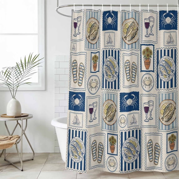 Shower Curtain Bathroom Set Ocean Crab Fish Flower Slipper Waterproof Fabric Shower Curtains with Grommets&Hooks, Country Vintage Beach Theme Privacy Bath Curtain for Bathtub 60x72in