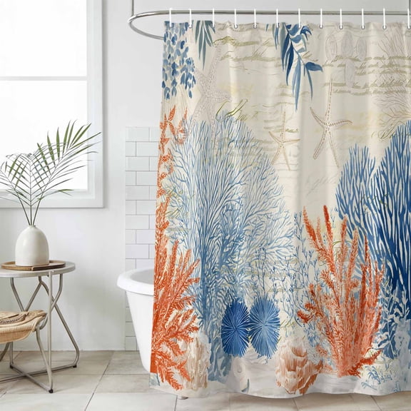 Shower Curtain Bathroom Set Ocean Orange Blue Coral Waterproof Fabric Shower Curtains with Grommets&Hooks, Sea Starfish Retro Letter Back Privacy Bath Curtain for Bathtub 60x72in