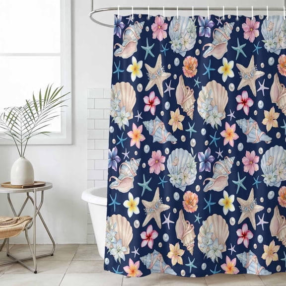 Shower Curtain Bathroom Set Ocean Starfish Shell Conch Pearl Waterproof Fabric Shower Curtains with Grommets&Hooks, Summer Flower Navy Blue Back Privacy Bath Curtain for Bathtub 60x72in