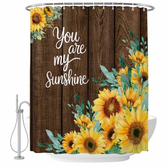 Shower Curtain Bathroom Set Pastoral Sunflower Brown Plank Waterproof Fabric Shower Curtains with Grommets&Hooks, You Are My Sunshine Quote Privacy Bath Curtain for Bathtub 36x72in