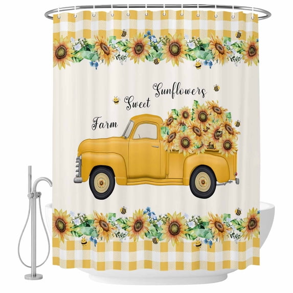 Shower Curtain Bathroom Set Pastoral Sunflower Yellow Truck Waterproof Fabric Shower Curtains with Grommets&Hooks, Farm Bee Retro Plaid Privacy Bath Curtain for Bathtub 72x72in