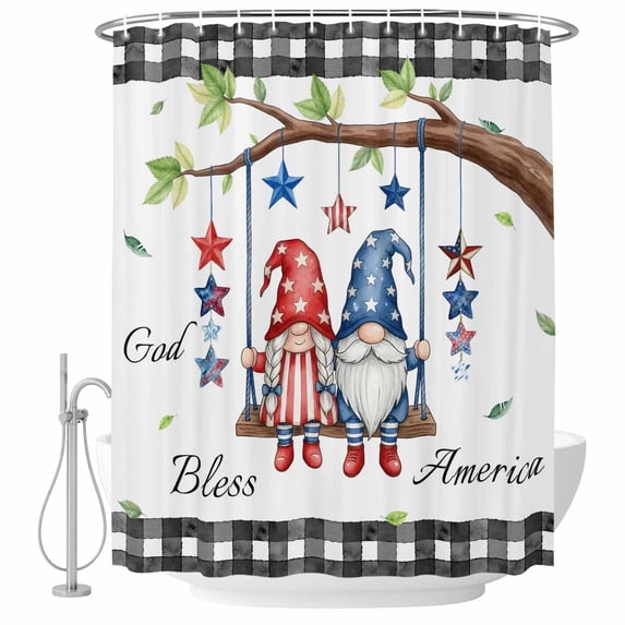 Shower Curtain Bathroom Set Patriotic Gnome Tree Branch Leaf Waterproof Fabric Shower Curtains with Grommets&Hooks, July 4th Star Buffalo Plaid Privacy Bath Curtain for Bathtub 36x72in