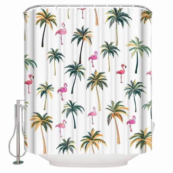 Shower Curtain Bathroom Set Pink Flamingo Palm Trees on White Waterproof Fabric Shower Curtains with Grommets&Hooks Summer Beach Privacy Bath Curtain for Bathtub 72x84in