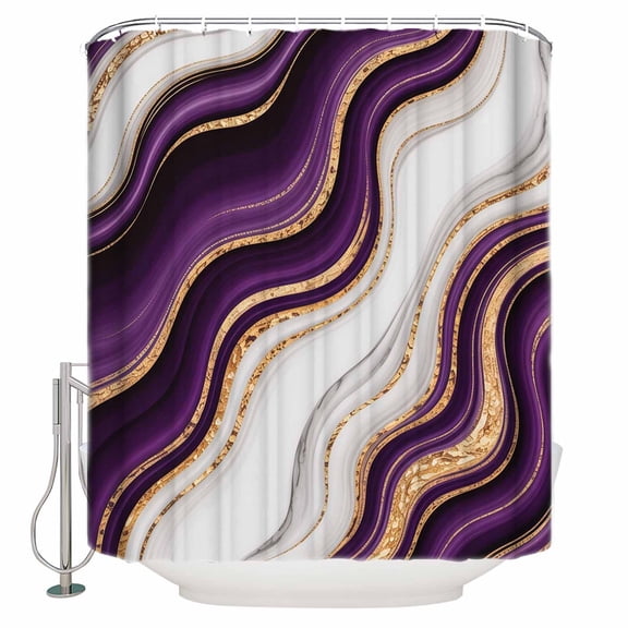 Shower Curtain Bathroom Set Purple Marble Gold Inlay Waterproof Fabric Shower Curtains with Grommets&Hooks Abstract Geometric Stripes Privacy Bath Curtain for Bathtub 48x72in