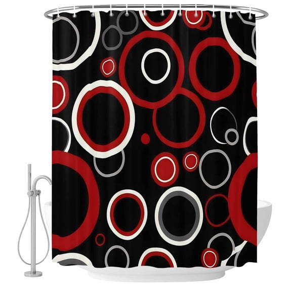Shower Curtain Bathroom Set Red Black Circle on Black Waterproof Fabric Shower Curtains with Grommets&Hooks, Abstract Geometric Art Privacy Bath Curtain for Bathtub 36x72in