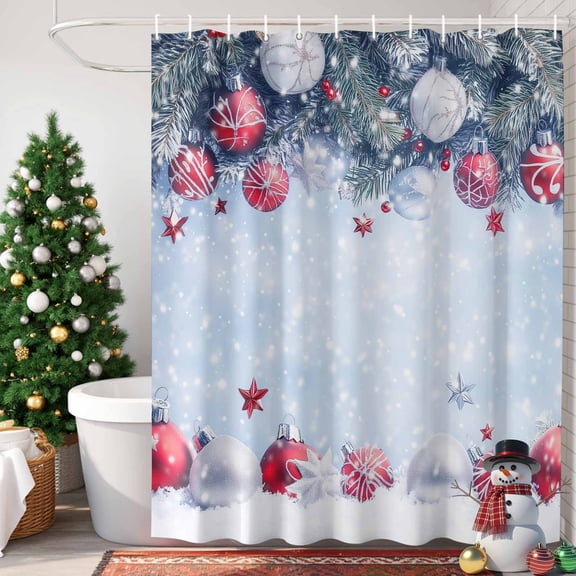 Shower Curtain Bathroom Set Red White Christmas Ball Pine Tree Branch Snow Waterproof Fabric Shower Curtains with Grommets&Hooks Winter Seasonal Privacy Bath Curtain for Bathtub 72x72in