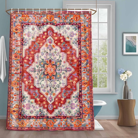 Shower Curtain Bathroom Set Retro Medieval Turkish Pattern Waterproof Fabric Shower Curtains with Grommets&Hooks, Classic Ethnic Flower Privacy Bath Curtain for Bathtub 72x84in