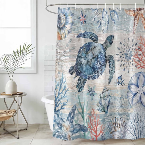 Shower Curtain Bathroom Set Retro Sea Turtle Gradient Coral Waterproof Fabric Shower Curtains with Grommets&Hooks, Summer Ocean Shell Privacy Bath Curtain for Bathtub 60x72in