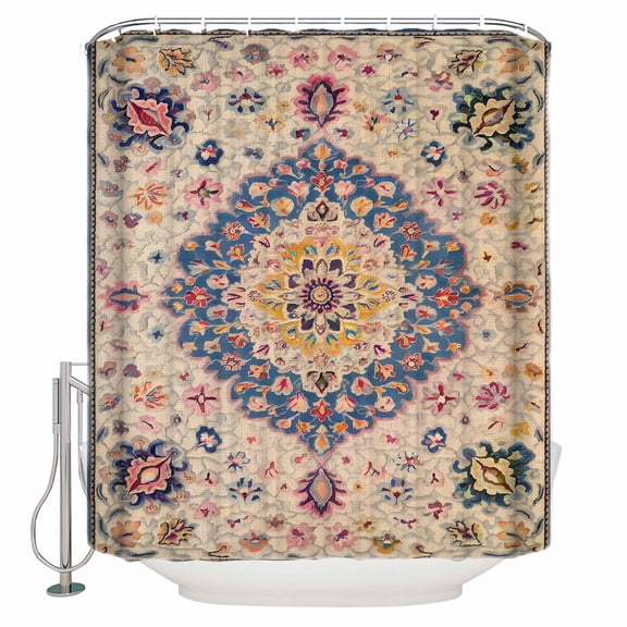 Shower Curtain Bathroom Set Retro Turkish Tradition Flower Waterproof Fabric Shower Curtains with Grommets&Hooks Medieval Ethnic Pattern Privacy Bath Curtain for Bathtub 60x72in