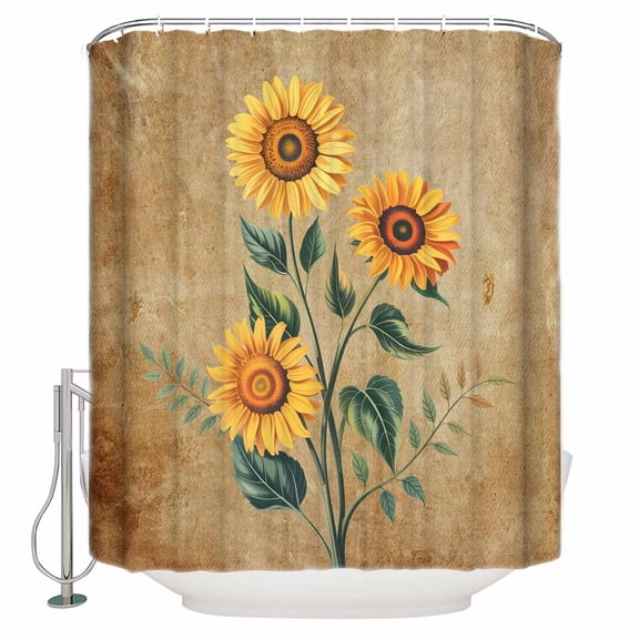 Shower Curtain Bathroom Set Rustic Farm Sunflowers Floral Waterproof Fabric Shower Curtains with Grommets&Hooks Vintage Kraft Paper Privacy Bath Curtain for Bathtub 72x72in