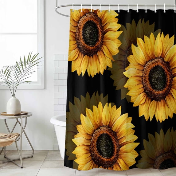 Shower Curtain Bathroom Set Rustic Watercolor Sunflower on Black Waterproof Fabric Shower Curtains with Grommets&Hooks, Farmhouse Floral Art Privacy Bath Curtain for Bathtub 60x72in