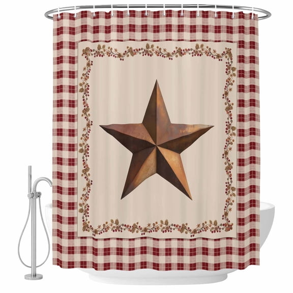 Shower Curtain Bathroom Set Rustic Western Star Berry Lace Waterproof Fabric Shower Curtains with Grommets&Hooks, Retro Bufflo Red Checkered Edge Privacy Bath Curtain for Bathtub 36x72in