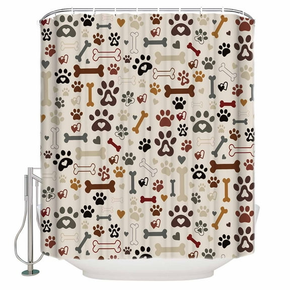 Shower Curtain Bathroom Set Seamless Dog Paw Bone Texture Waterproof Fabric Shower Curtains with Grommets&Hooks Pet Claw Love Heart on Khaki Privacy Bath Curtain for Bathtub 36x72in