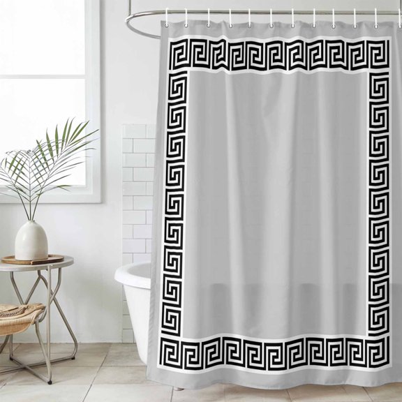 Shower Curtain Bathroom Set Simplistic Greek Geometric Black White Waterproof Fabric Shower Curtains with Grommets&Hooks, Grey Privacy Bath Curtain for Bathtub 60x72in