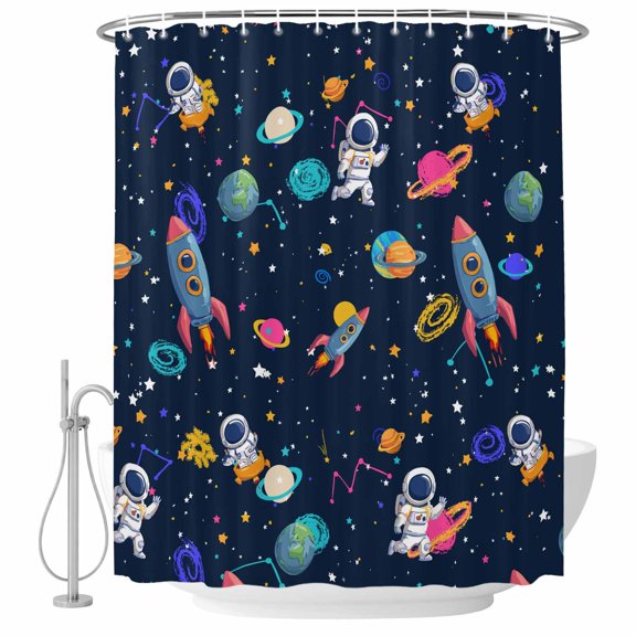 Shower Curtain Bathroom Set Space Planet Cartoon Rocket Waterproof Fabric Shower Curtains with Grommets&Hooks, Stars and Moon on Black Privacy Bath Curtain for Bathtub 36x72in