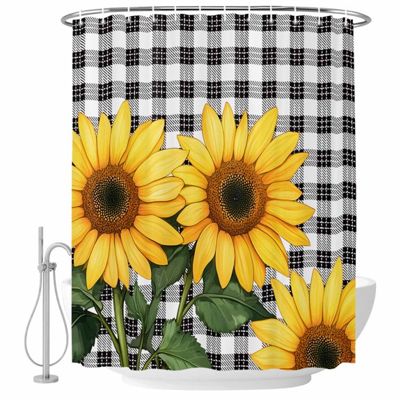 Shower Curtain Bathroom Set Spring Country Sunflower Flower Waterproof Fabric Shower Curtains with Grommets&Hooks, Black White Checkered Plaid Privacy Bath Curtain for Bathtub 36x72in