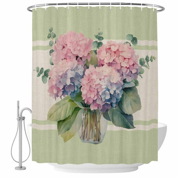 Shower Curtain Bathroom Set Spring Flower Hydrangea Green Leaf Waterproof Fabric Shower Curtains with Grommets&Hooks, Watercolor Floral on Burlap Privacy Bath Curtain for Bathtub 72x72in