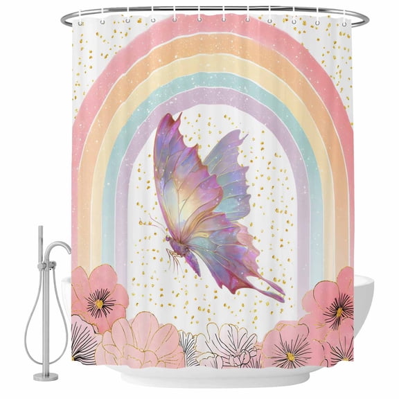 Shower Curtain Bathroom Set Spring Pink Flower Butterfly Waterproof Fabric Shower Curtains with Grommets&Hooks, Blossom Floral Rainbow Stripe Privacy Bath Curtain for Bathtub 72x72in