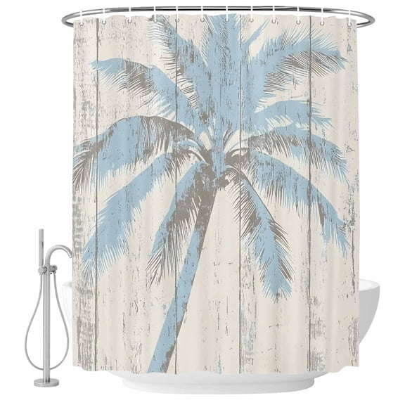 Shower Curtain Bathroom Set Summer Beach Blue Coconut Tree Waterproof Fabric Shower Curtains with Grommets&Hooks, Retro Antique Wood Grain Privacy Bath Curtain for Bathtub 36x72in