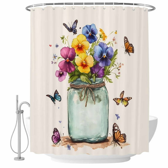 Shower Curtain Bathroom Set Summer Colorful Flower Butterfly Waterproof Fabric Shower Curtains with Grommets&Hooks, Bloom Floral Vase Privacy Bath Curtain for Bathtub 72x72in
