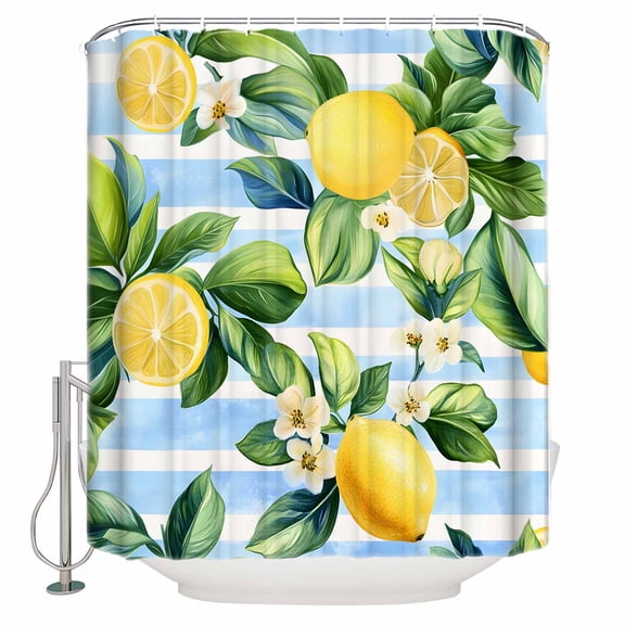 Shower Curtain Bathroom Set Summer Lemon Green Leaves Flower Waterproof Fabric Shower Curtains with Grommets&Hooks Watercolor Blue Stripe Privacy Bath Curtain for Bathtub 60x72in