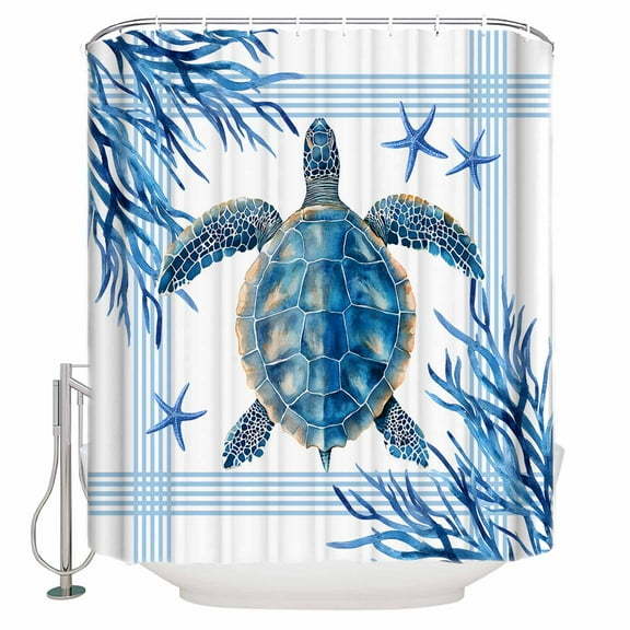 Shower Curtain Bathroom Set Summer Ocean Blue Turtle on White Waterproof Fabric Shower Curtains with Grommets&Hooks Sea Starfish Coral Privacy Bath Curtain for Bathtub 60x72in