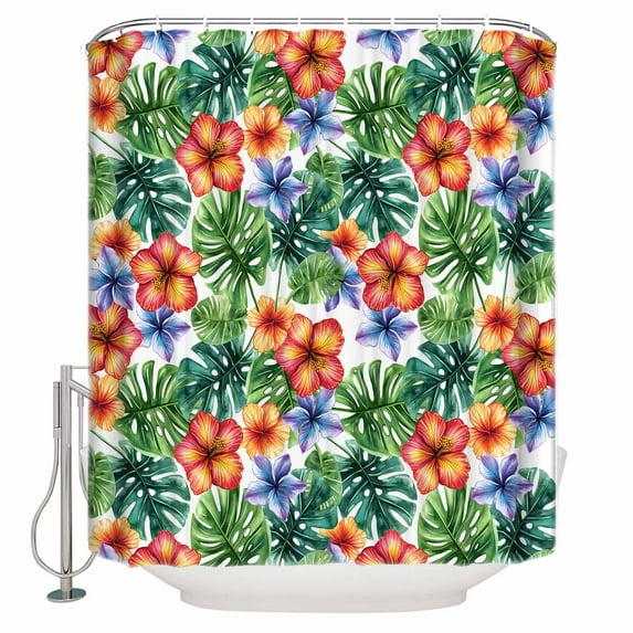 Shower Curtain Bathroom Set Summer Tropical Palm Leaves Flowers Waterproof Fabric Shower Curtains with Grommets&Hooks Watercolor Farmhouse Plant Privacy Bath Curtain for Bathtub 72x72in